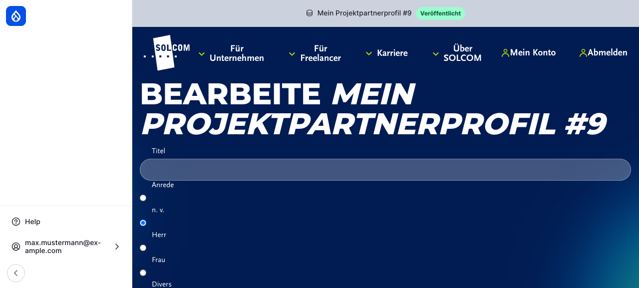 Profilformular mit zusätzlicher Verwaltungs-Seitenleiste links