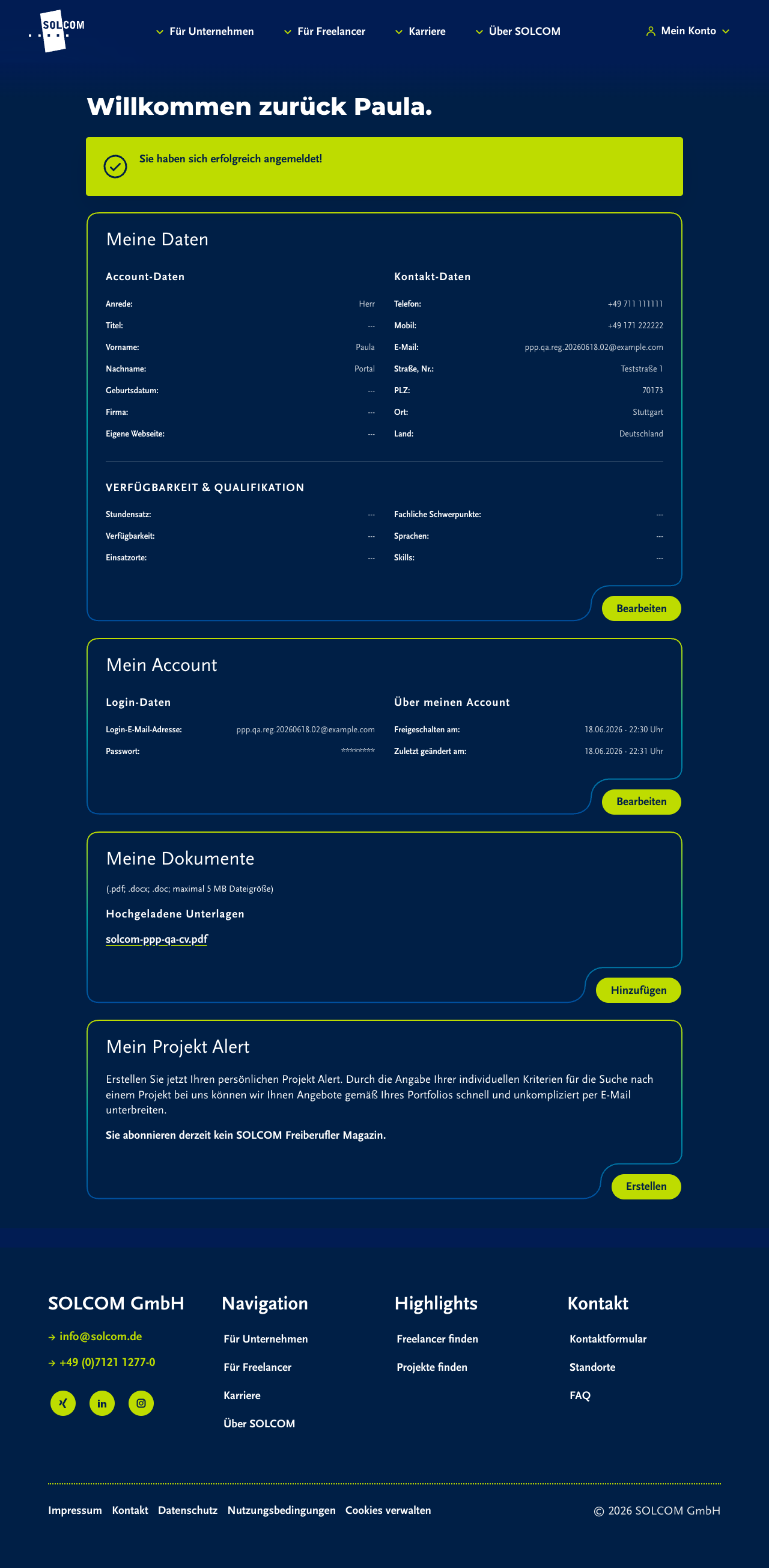 Profil-Hub nach Login
