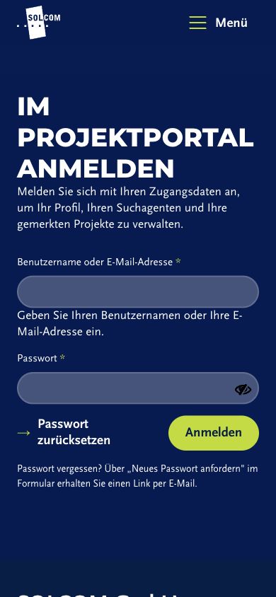 Mobile Projektportal Login mit Formular und Passwort zuruecksetzen