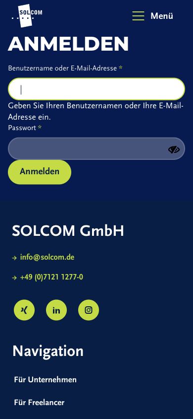 Mobile Projektportal Root zeigt Login-Seite