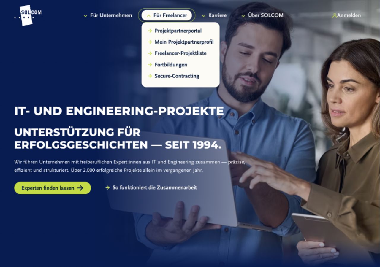 Desktop Freelancer-Dropdown mit lokalen Navigationspunkten ohne externen Staging-Link