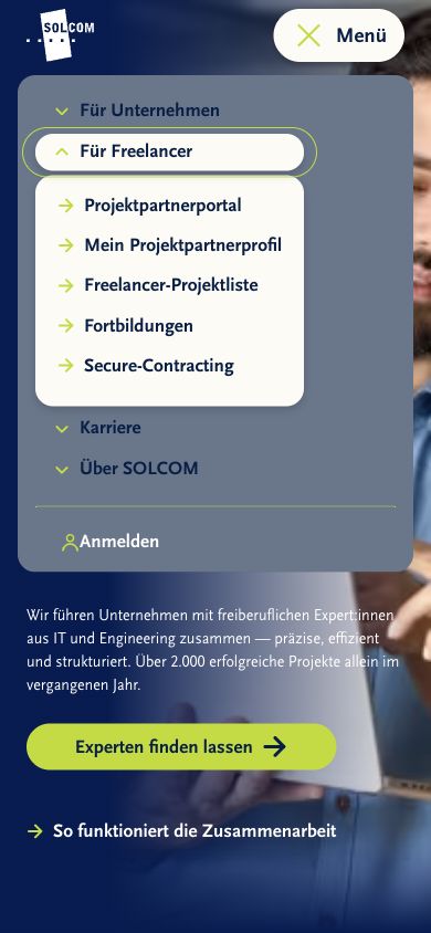 Mobile Freelancer-Menü mit lokalen Navigationspunkten ohne horizontalen Overflow