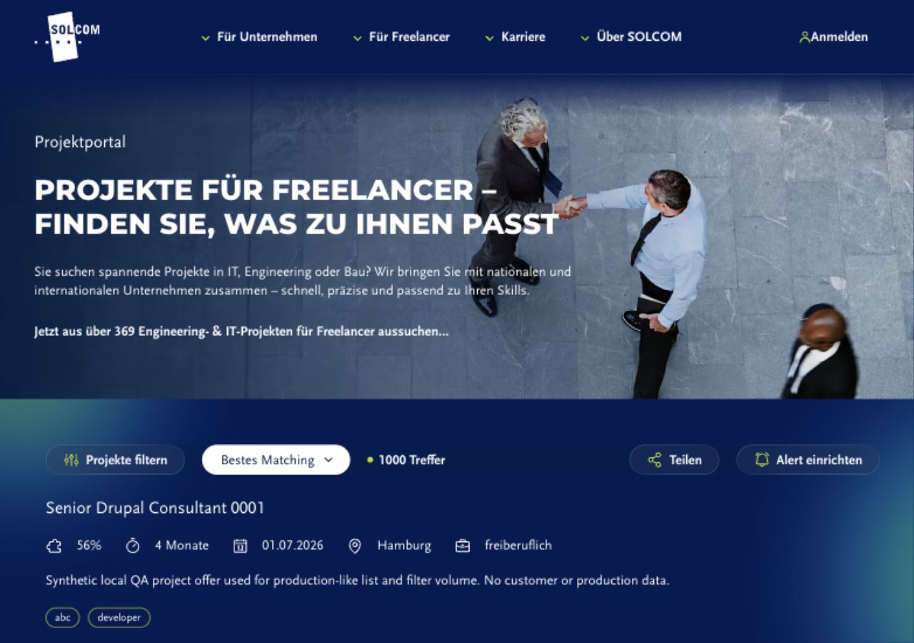 Desktop Clean-URL zeigt 1000 Treffer und QA-Projektangebote