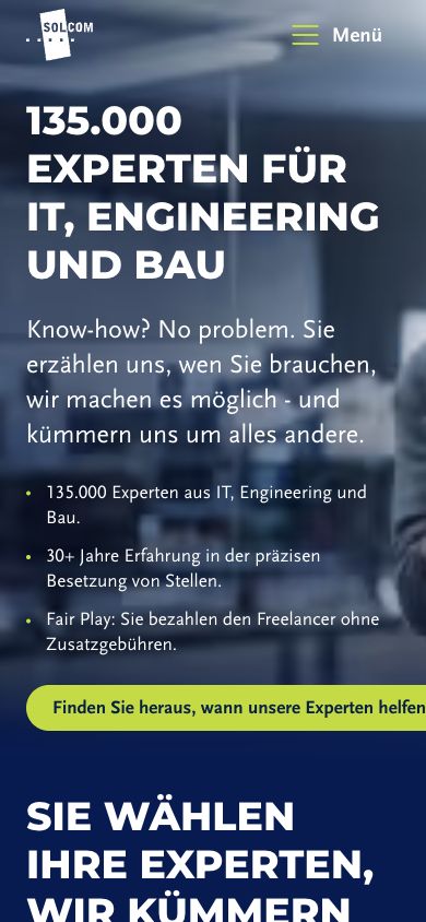 Mobile Leistungen Branchen Seite mit zu breitem CTA